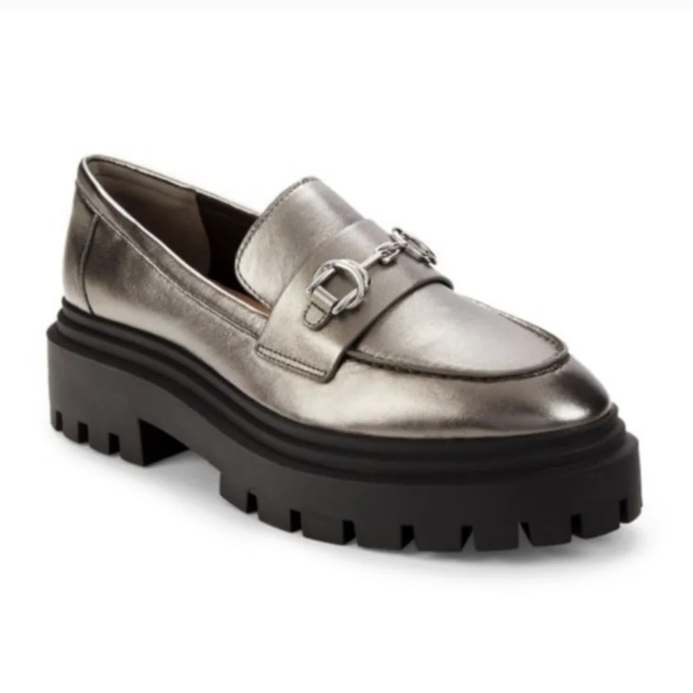 Stuart Weitzman Owen Chunky Gunmetal Metallic Leather Platform Oxford Loafers 40